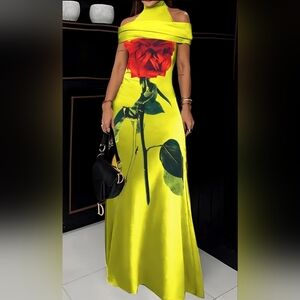 Vibrant Lime Green Rose-Print Satin Maxi Dress